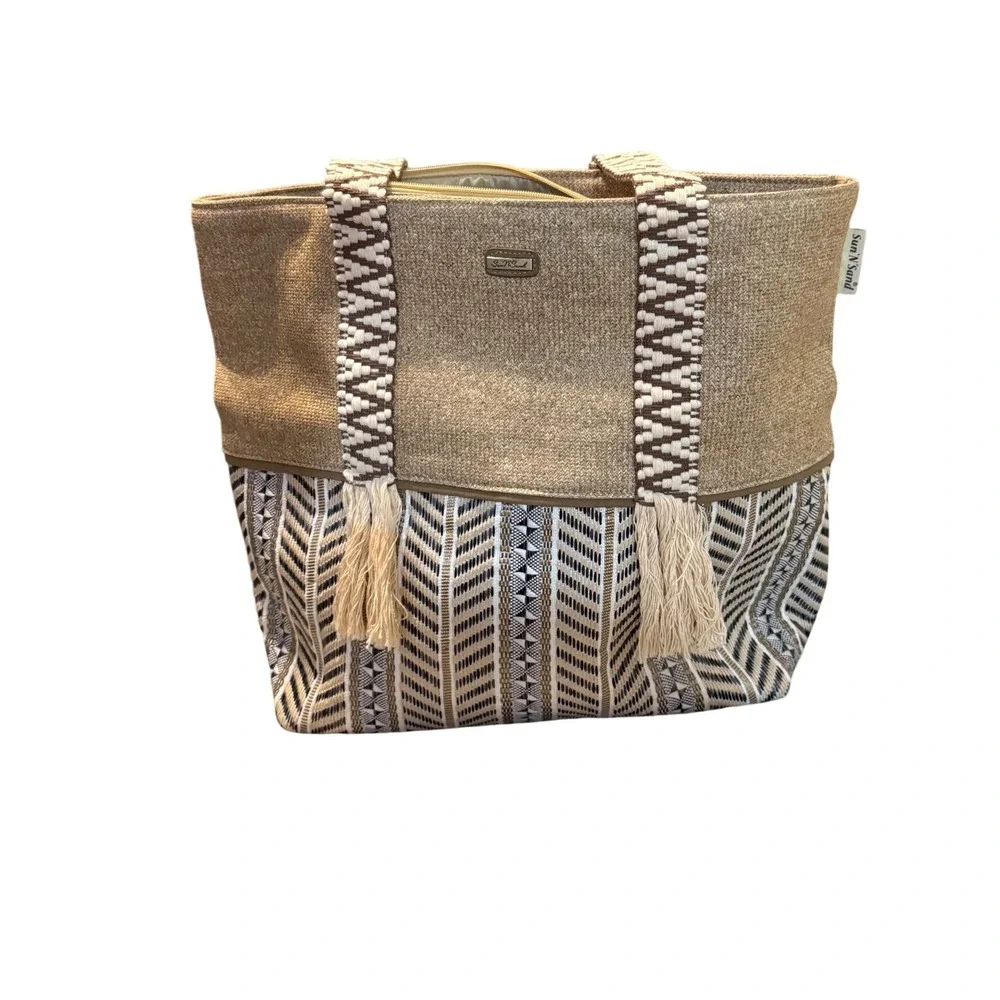 Sun 'N' Sand Boho Straw Tote Bag Geometric‎ Print Tassel Shoulder Bag Large